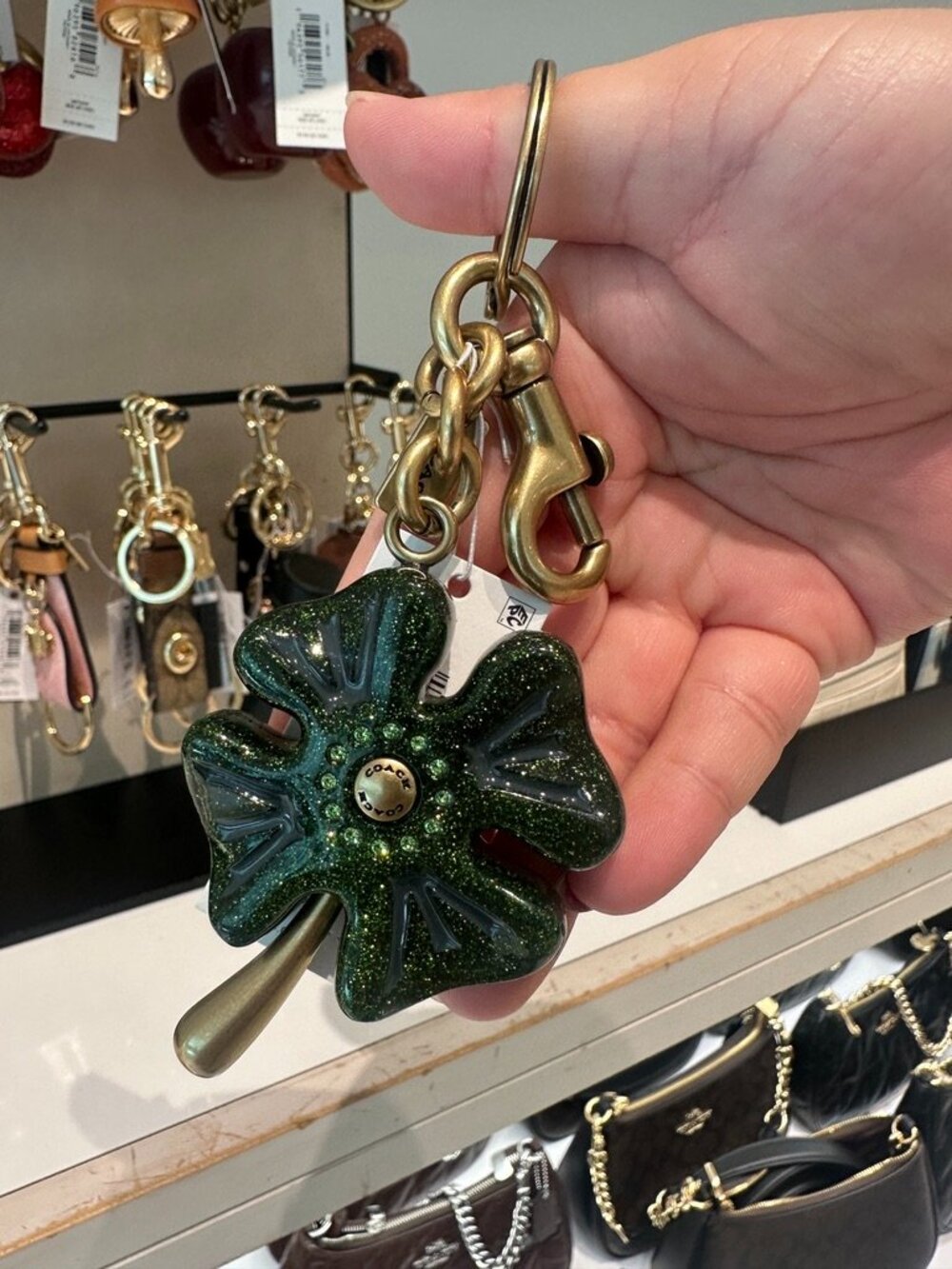 NWT! Coach CEA09 Four Leaf Clover Bag Charm In Brass/Green Multi With Dust Bag